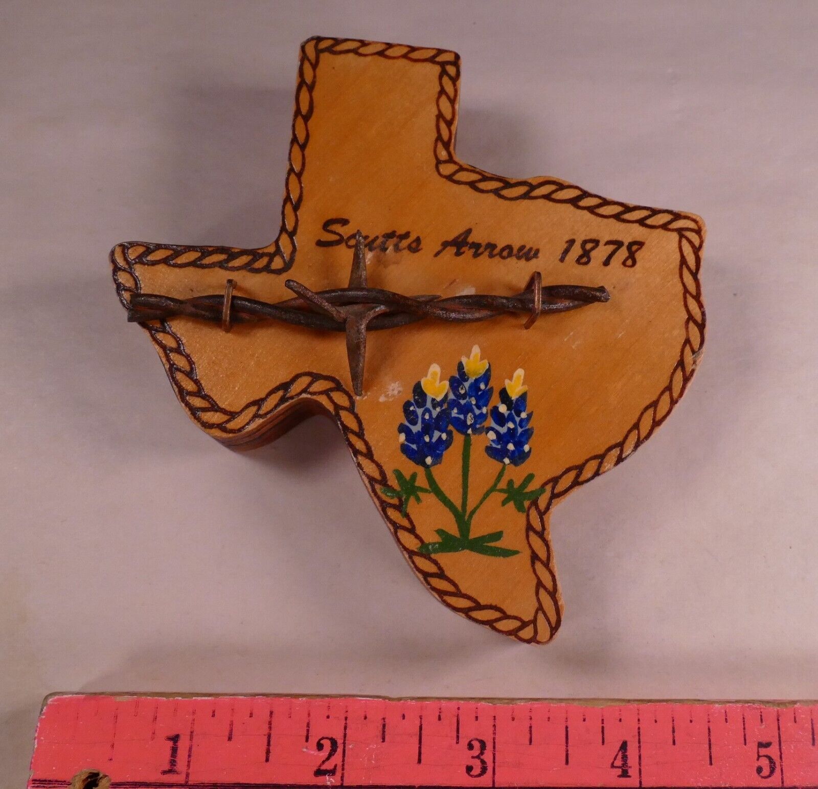 Antique 1878 Barb barbed WIRE Hand Painted BLUEBONNET on TEXAS State Shape Wood