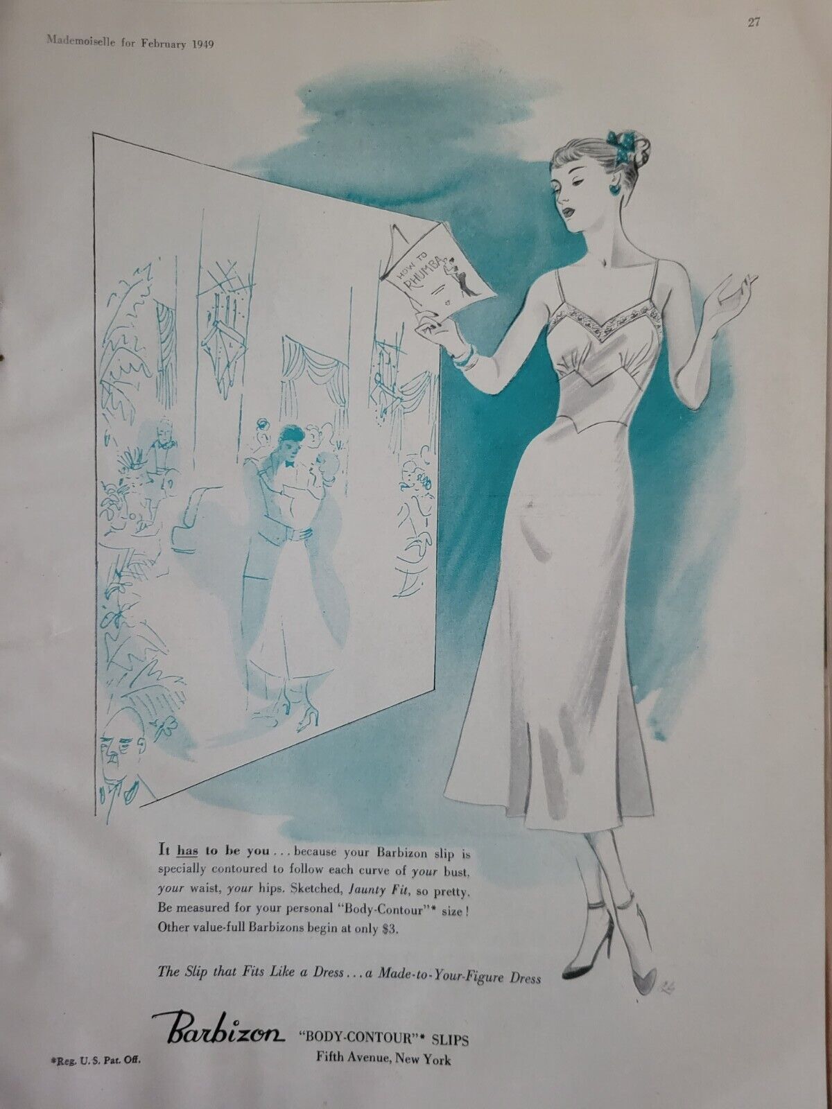 1949 Women\'s Barbizon Body Contour Slip Vintage Lingerie Fashion Art Ad
