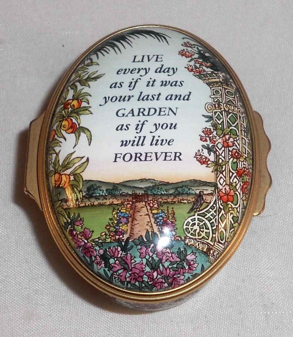 Halcyon Days Enamels Oval Trinket Box Colorful Garden Scene and Wise Saying