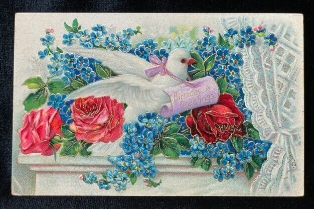 ANTIQUE EMBOSSED BIRTHDAY GREETING POSTCARD DOVE ROSES VIOLETS GILT NEVER POSTED