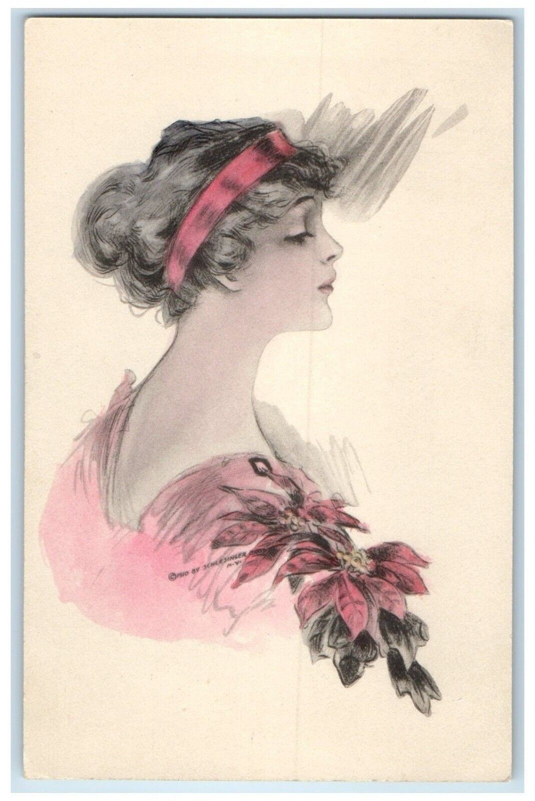 c1910's Pretty Woman Curly Hair Poinsettia Flowers Unposted Antique Postcard