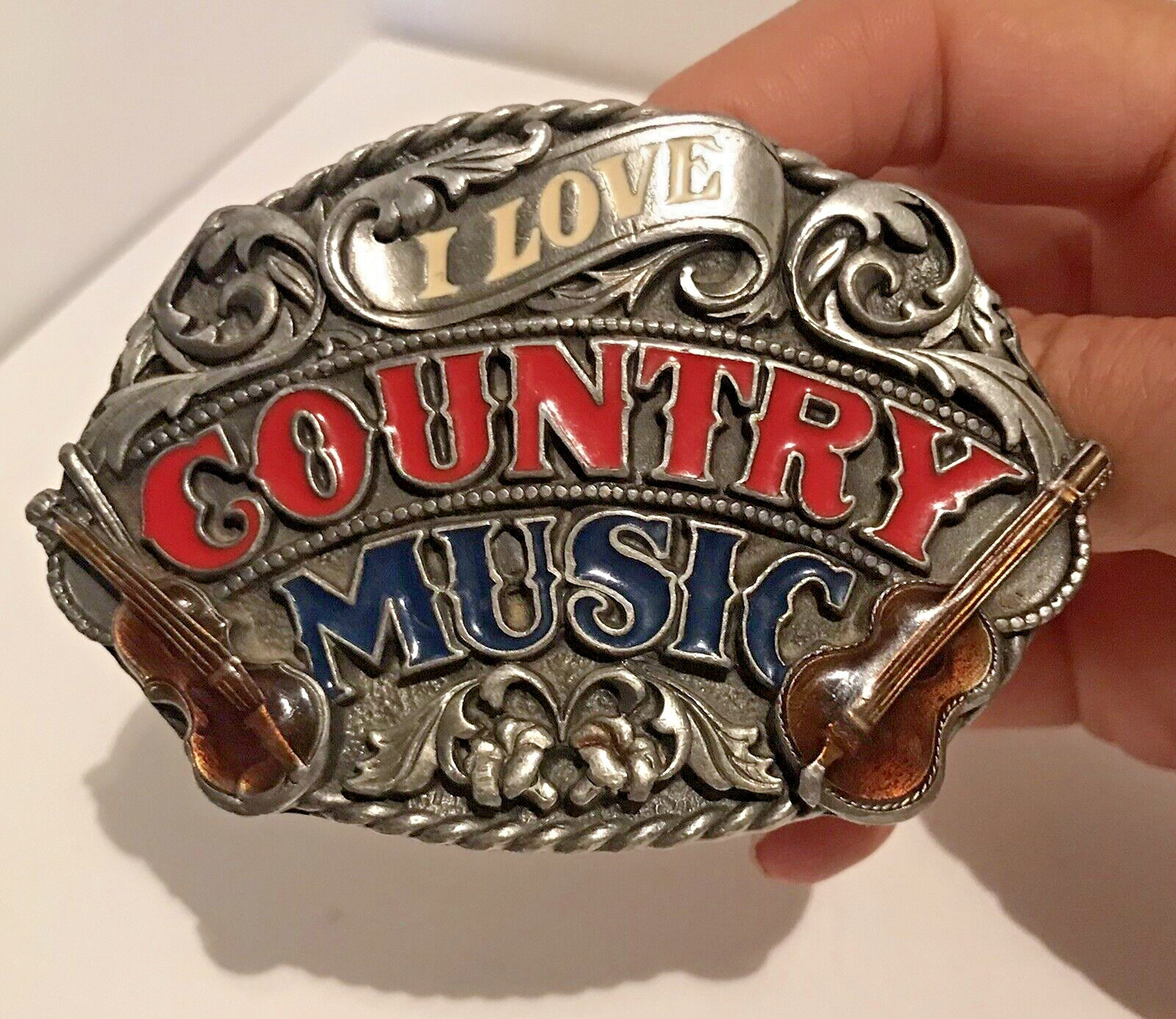 Vintage 1988 Siskiyou E-80 USA I Love Country Music Pewter & Enamel Belt Buckle