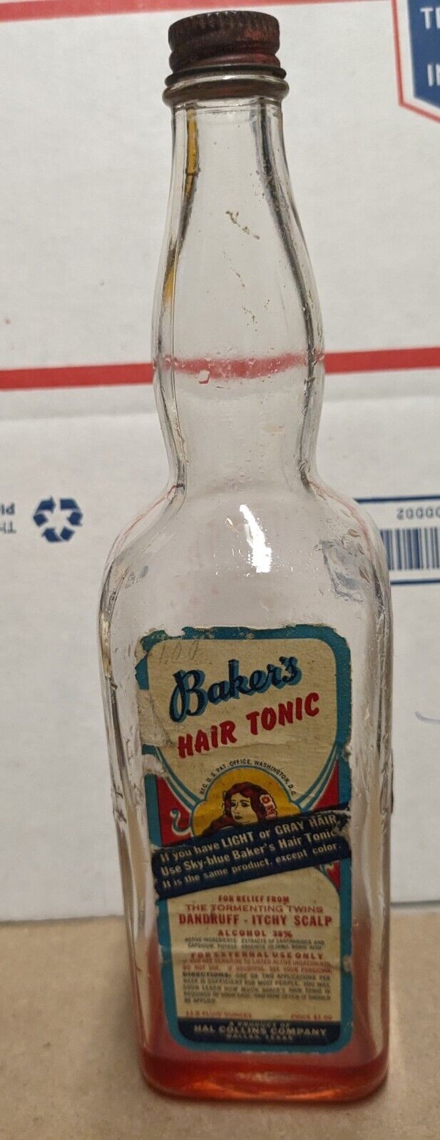 Vintage Baker's Best Hair Tonic Bottle With Label Hal Collins Co. Dallas Texas 