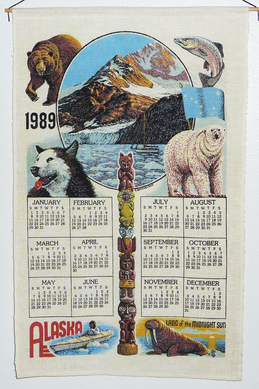 Vintage 1989 Kitchen Linen Towel Year Calendar - Alaska