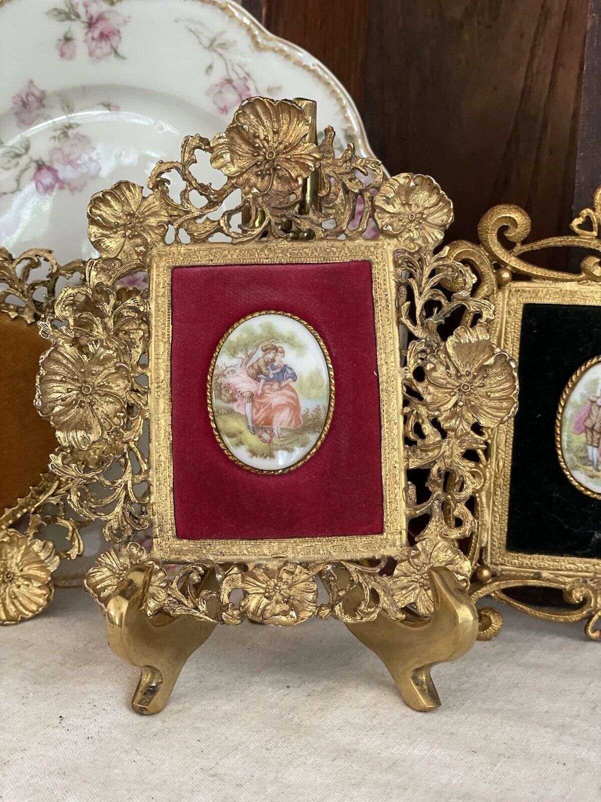 Gold Ornate Framed Vintage Limoges Fragonard Porcelain French Couple Plaque