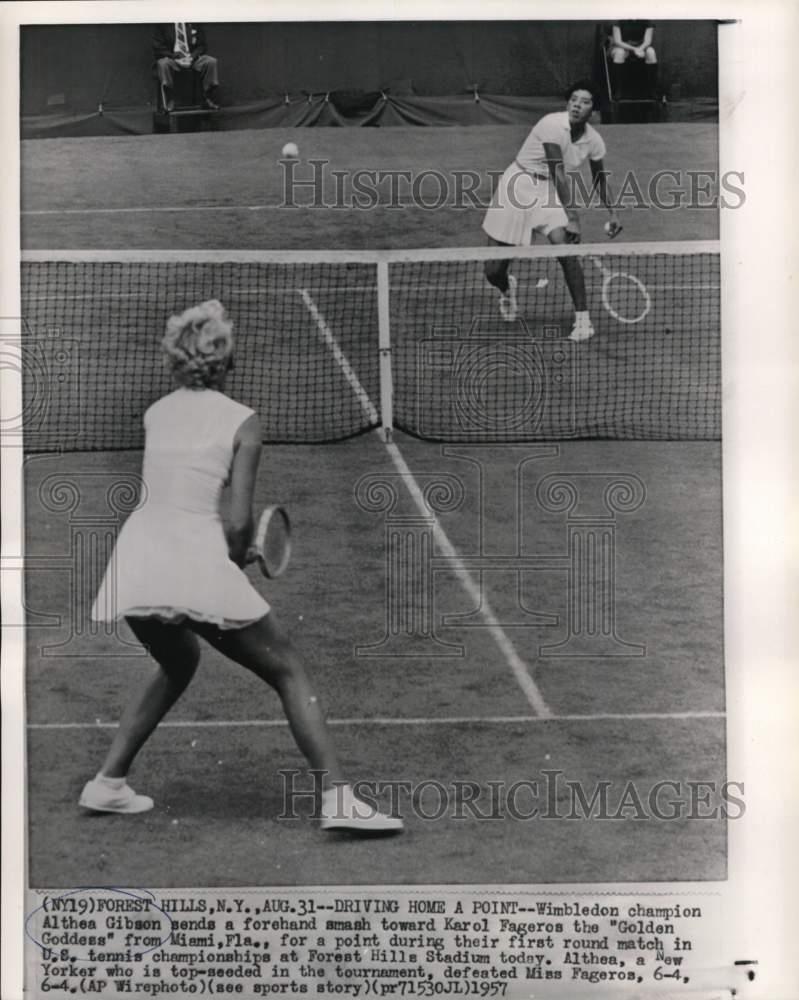 1957 Press Photo Althea Gibson & Karol Fageros, US Tennis Championships, NY