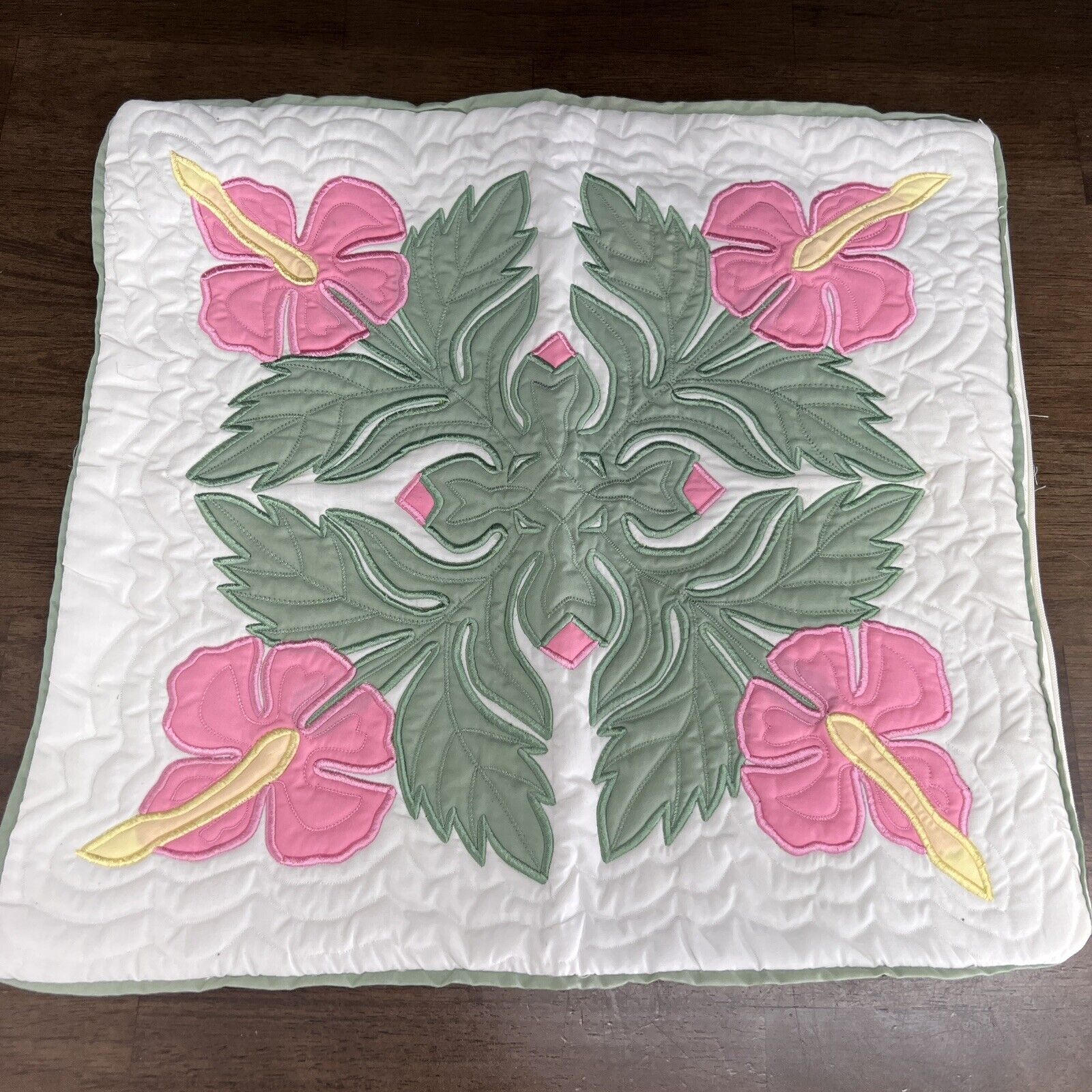 Hawaiian Quilted 16” Pillow Covering - Single Hibiscus - Green And Pink See Note