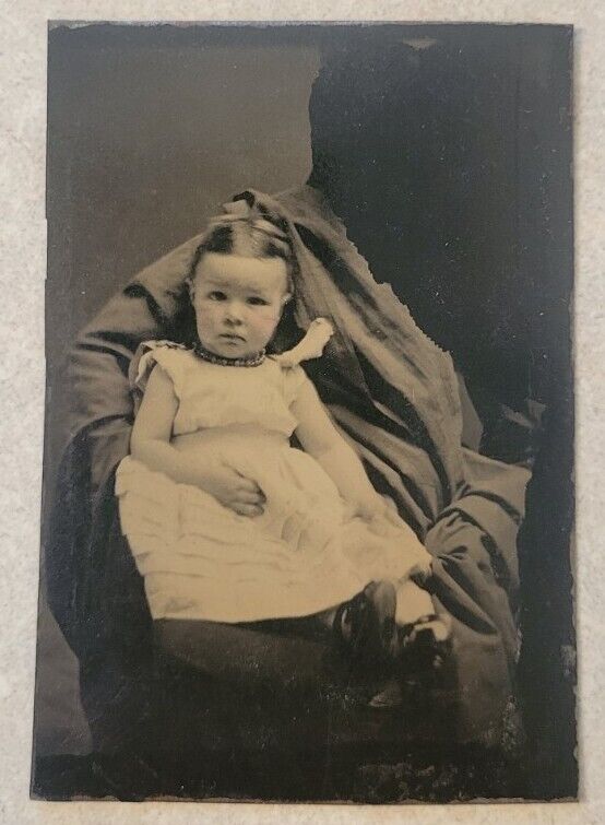 Victorian Pretty Young Girl Child Hidden Mother Blacked Out Face Tintype Photo