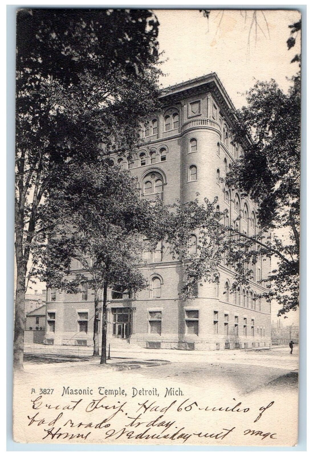 1906 Masonic Temple Exterior Trees Scene Detroit MI Posted Vintage Postcard