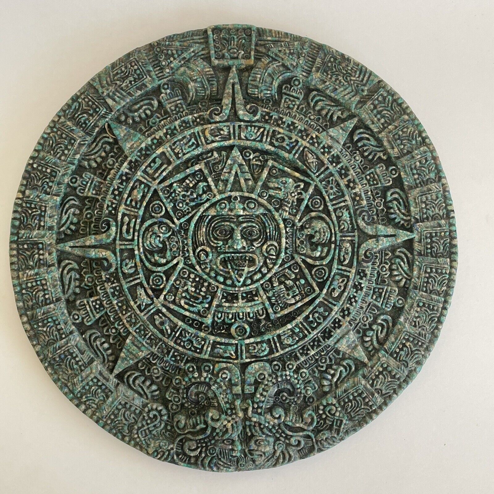 Vintage Aztec Mayan Calendar Sun Stone Malachite Green 11” Wall Plaque