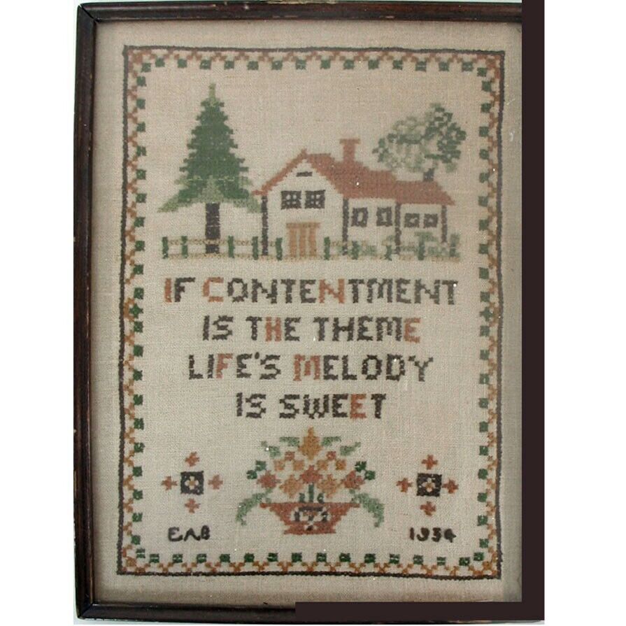 Antique \'34 Cross Stitch Embroidery Sampler Glass Frame Contentment Sweet Melody