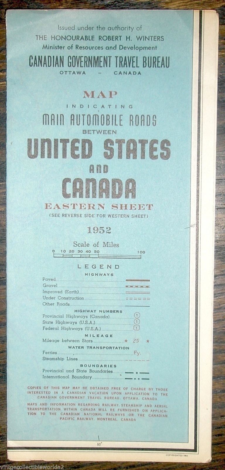 1952 Map Roads between United States & Canada