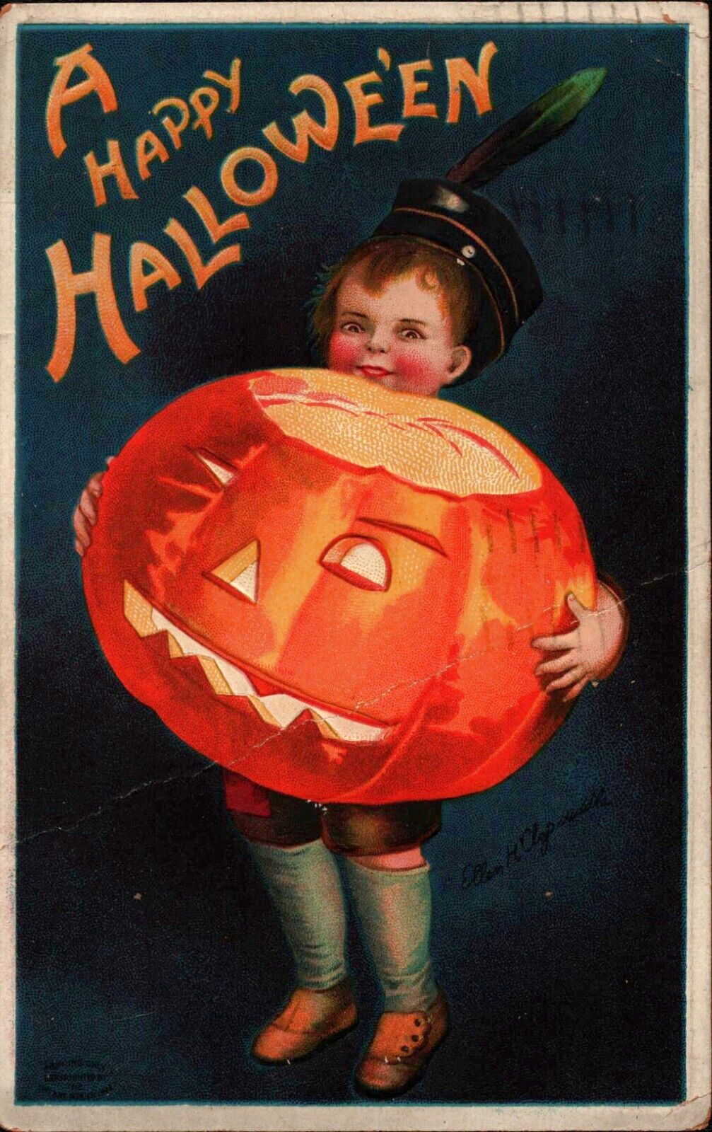 Ellen Clapsaddle Halloween Boy & Giant Lighted JOL Jack O Lantern 1910 Postcard