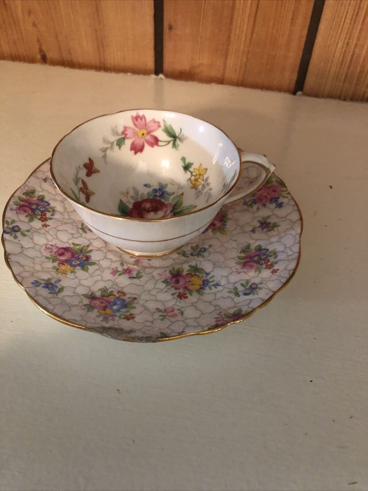 Hammersley PHE Fine Bone China Tea Cup & Saucer Pink Roses Gold Trim Made in Eng