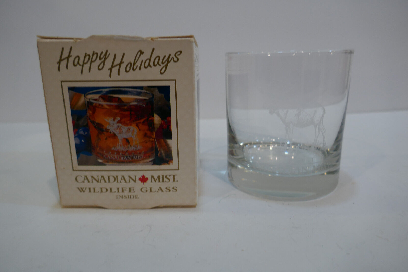 Canadian Mist Happy Holidays Rocks Glass 1995 New in Box Moose Etched In Glass