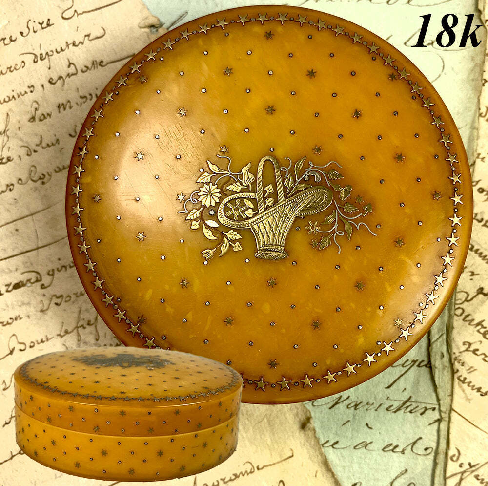 Antique 18th Century Blond Horn Table Snuff Box, 18k Gold Pique Stars & Florals