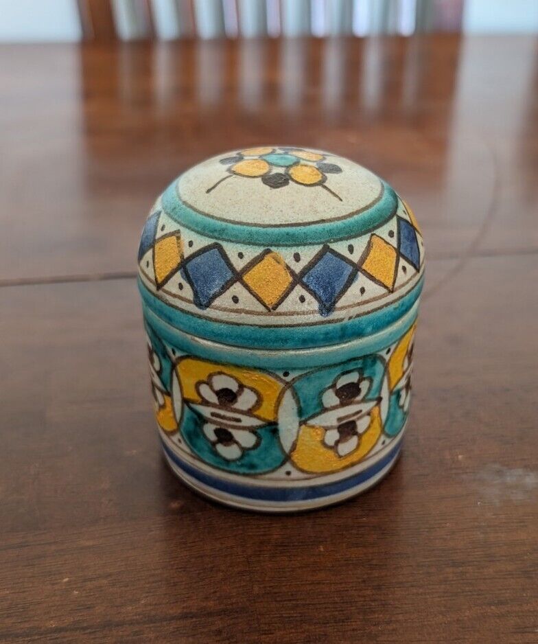 Signed Vintage Moroccan Style Ceramic Trinket Jar or Jewelry Box early 1990\'s