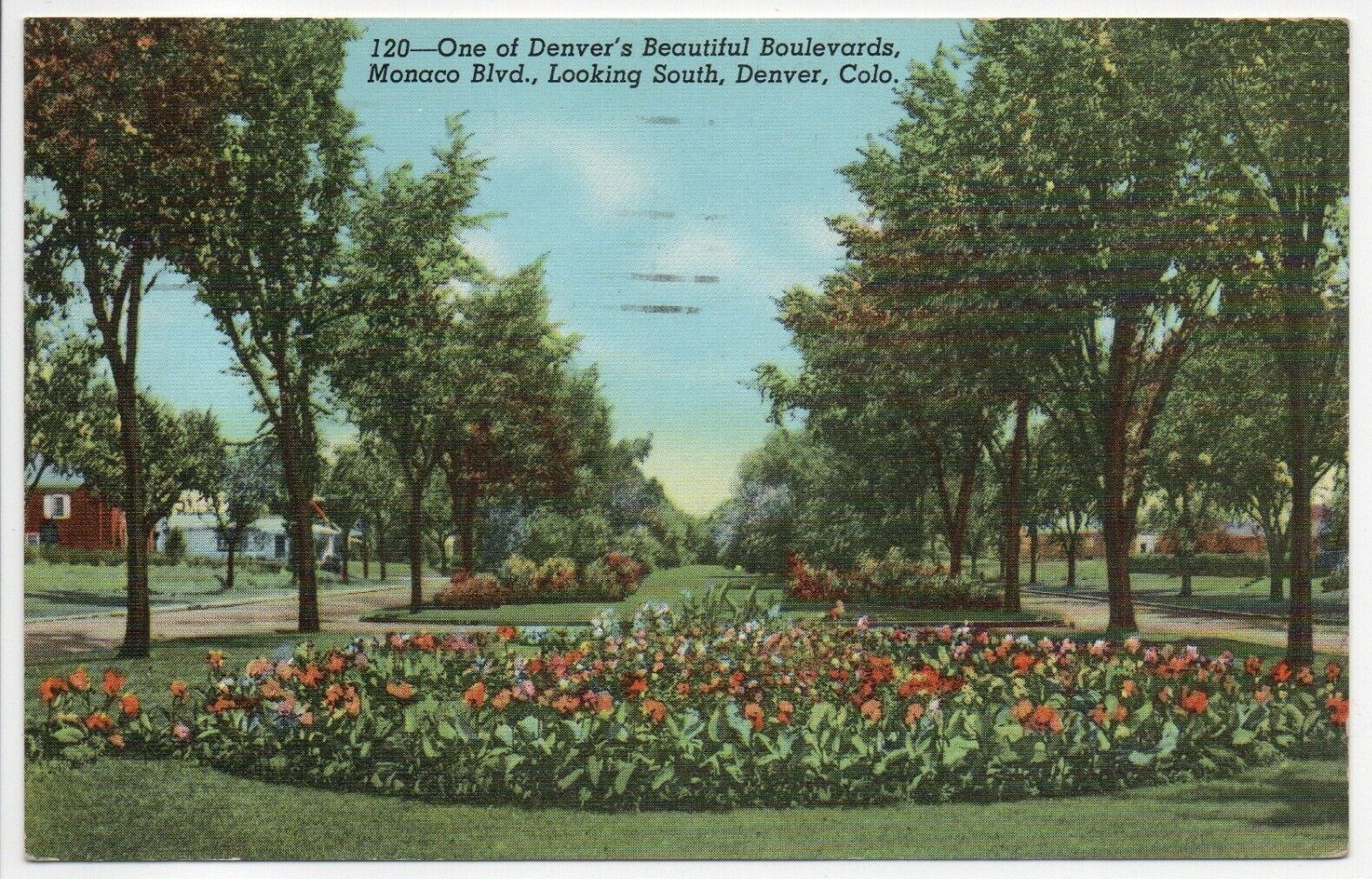 Vintage Linen Postcard CO Colorado Denver Monaco Blvd Looking South ca 1930-1942