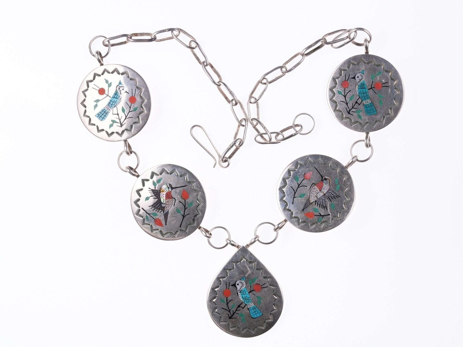 Vintage Navajo Raymond Boyd Sterling Inlaid birds necklace
