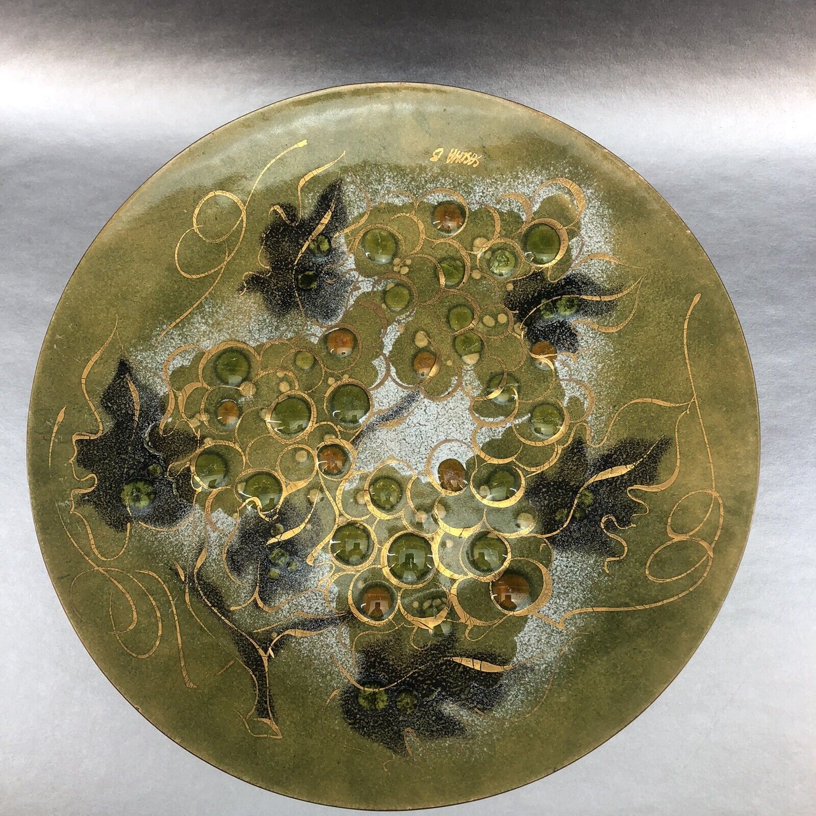Sascha Brastoff Green Copper Enamel 14” Wall Art Platter Bowl Midcentury MCM USA