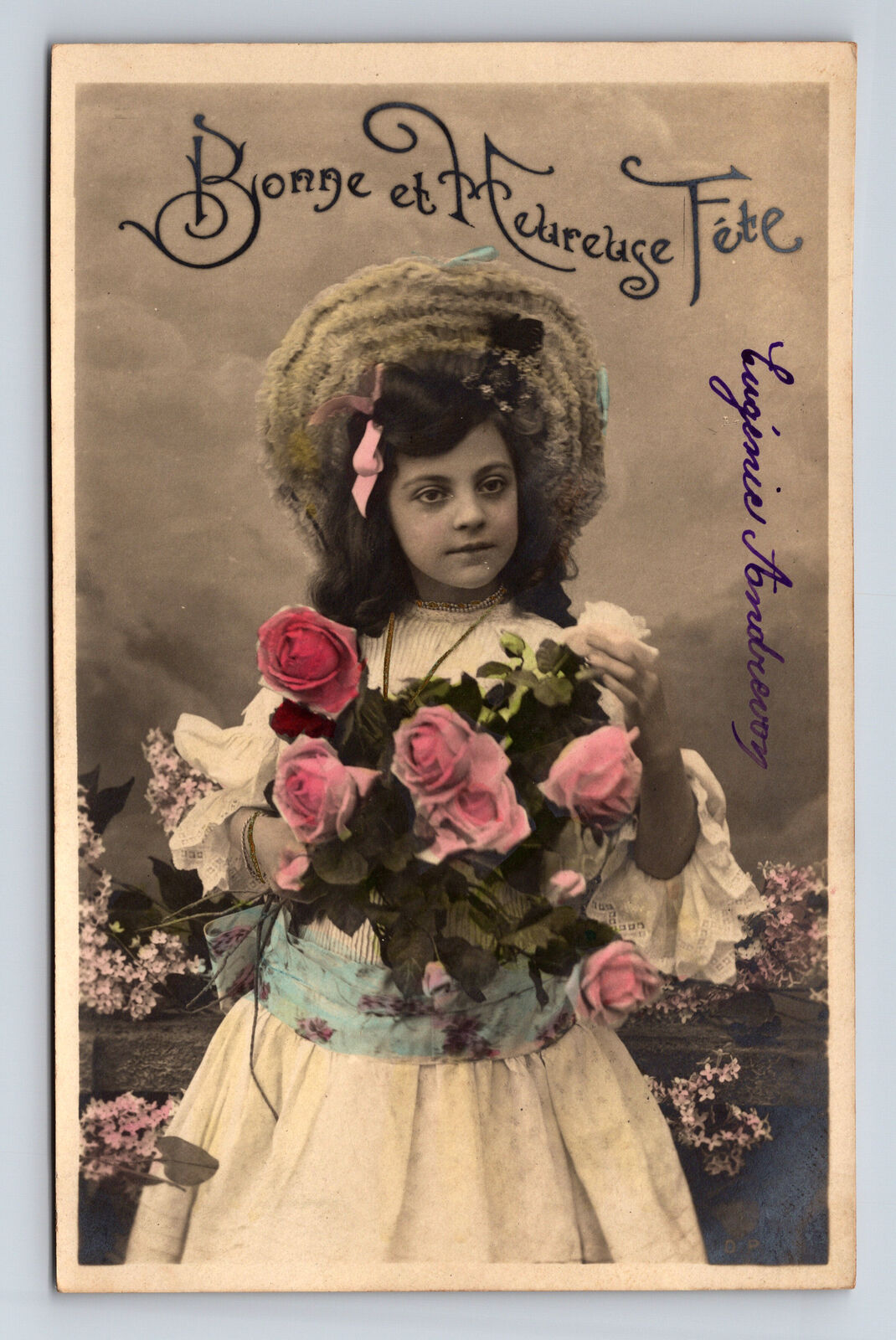 c1905 RPPC French Hand Colored Portrait Young Flower Girl UDB Postcard