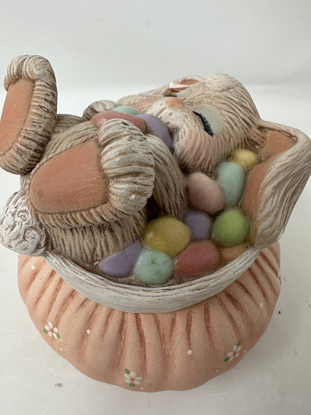 Vintage Dona's Molds Easter Bunny Music Box Trinket Jar Lidded Candy Dish 1986
