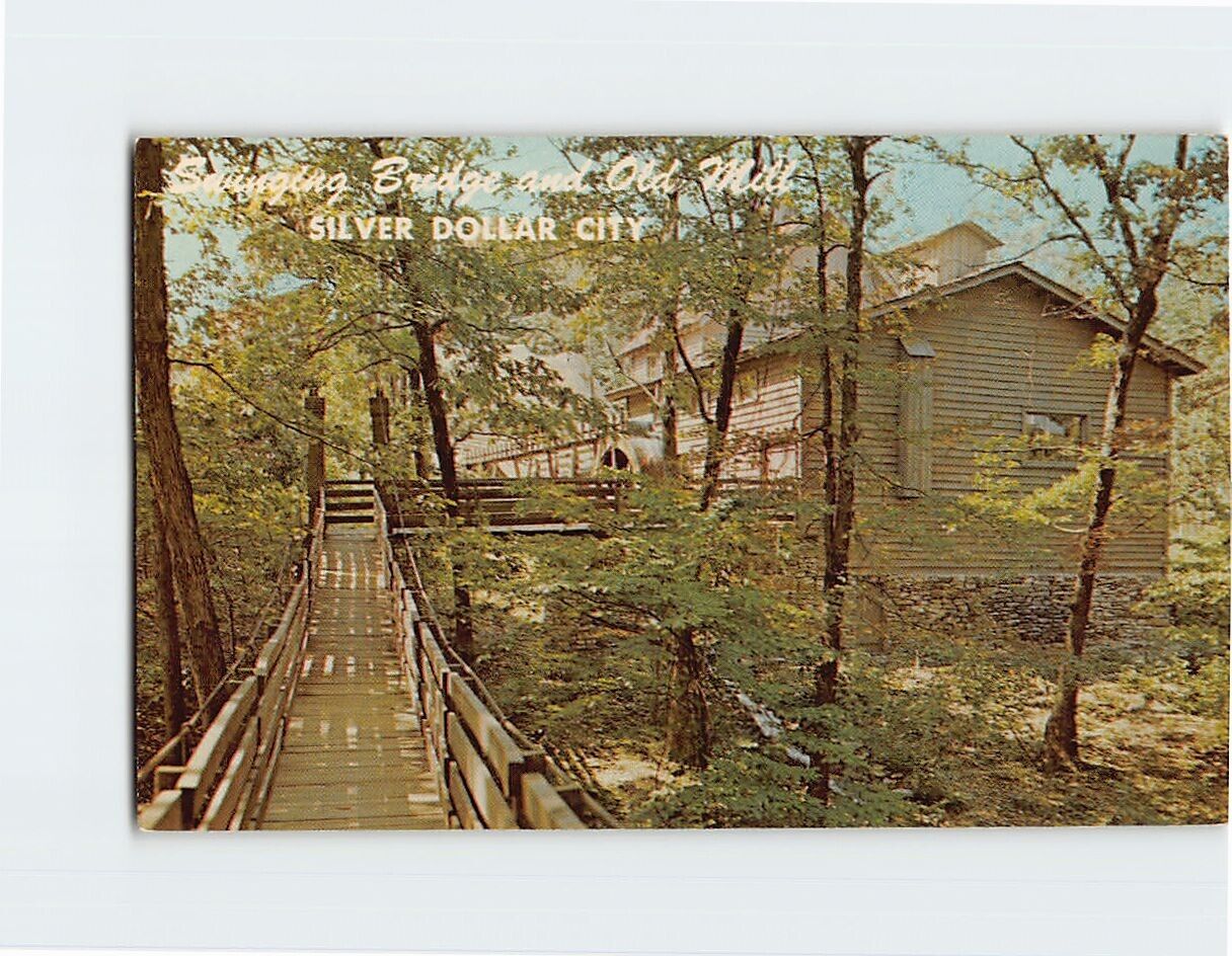 Postcard Swinging Bridge & Water-Wheel, Silver Dollar City, USA