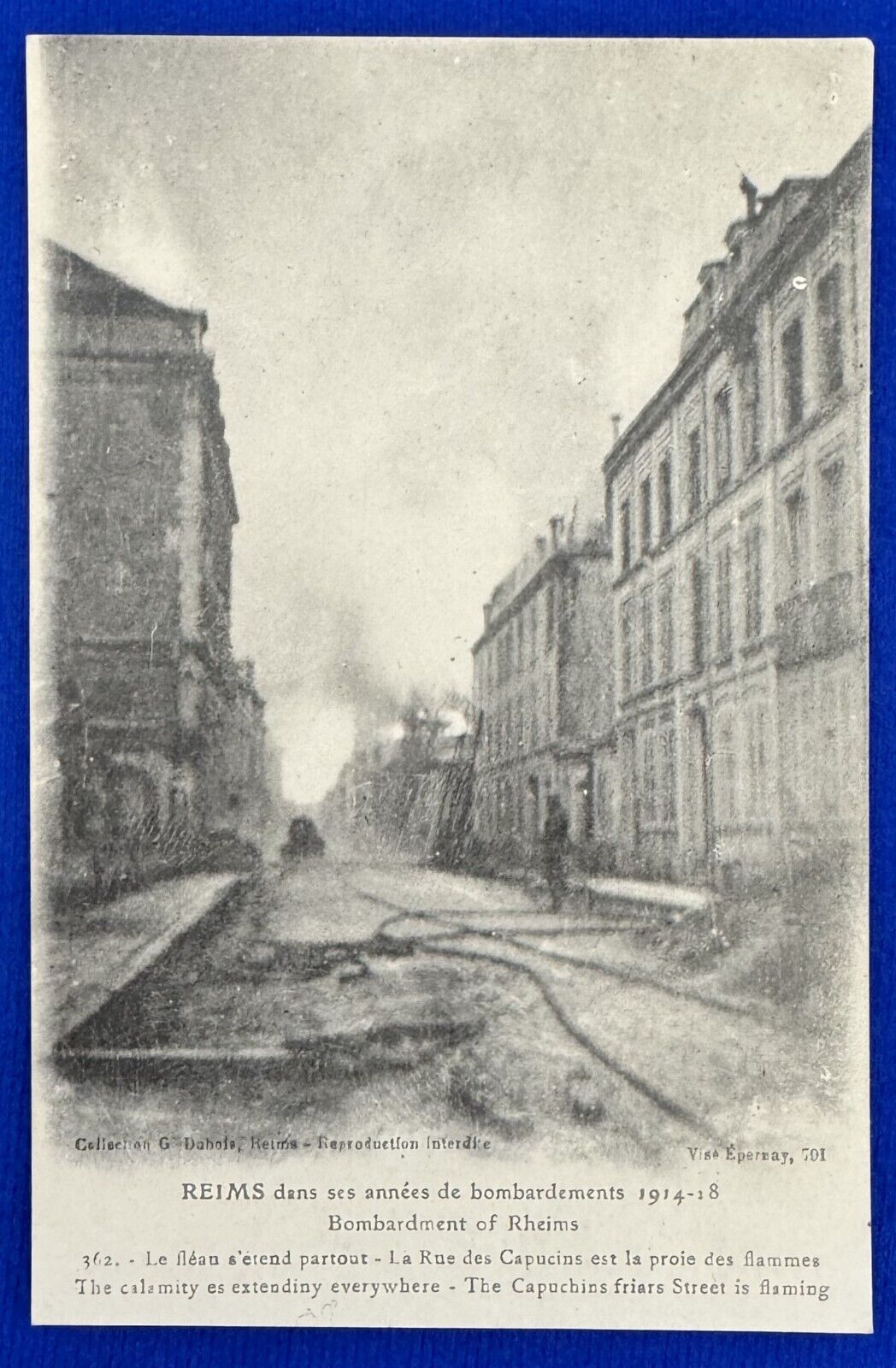Antique 1918 B&W Reims Bombing & Fire Rue des Capucins France Postcard WW I