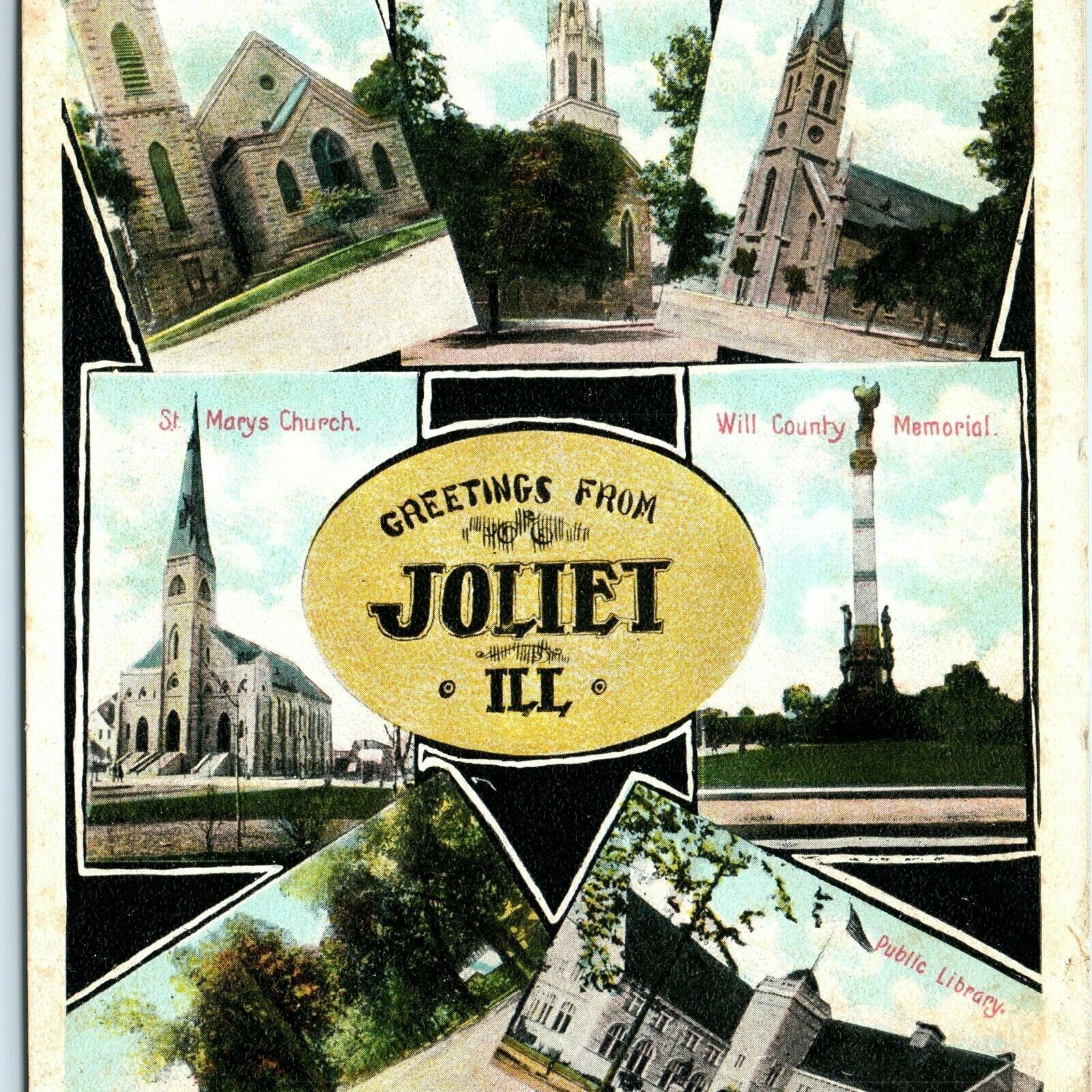 c1910s Joliet, Ill Multi View Postcard x6 Images Church Library Illinois Vtg A14
