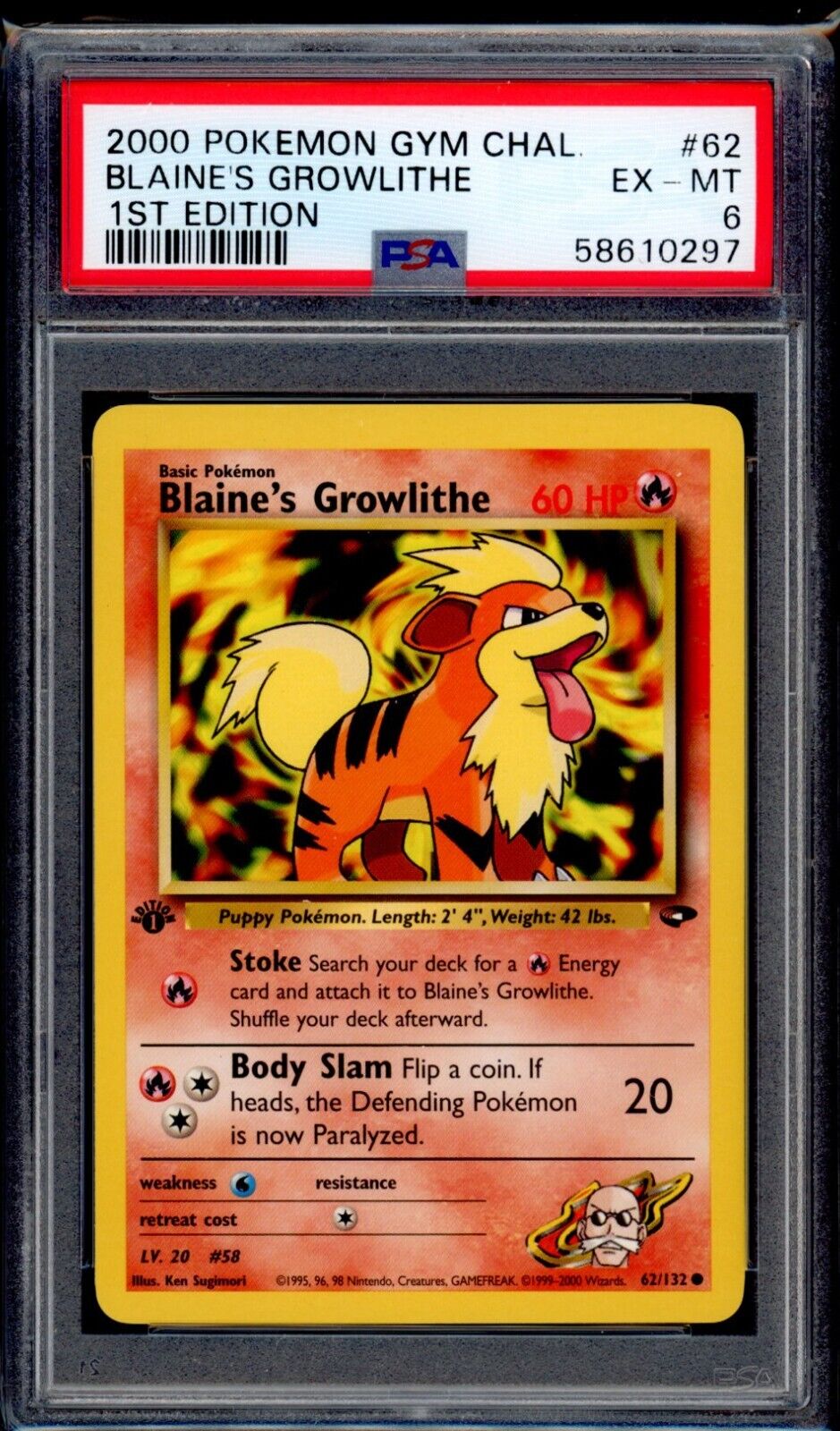 PSA 6 Blaine's Growlithe 2000 Pokemon Card 62/132 1st Edition Gym Challenge