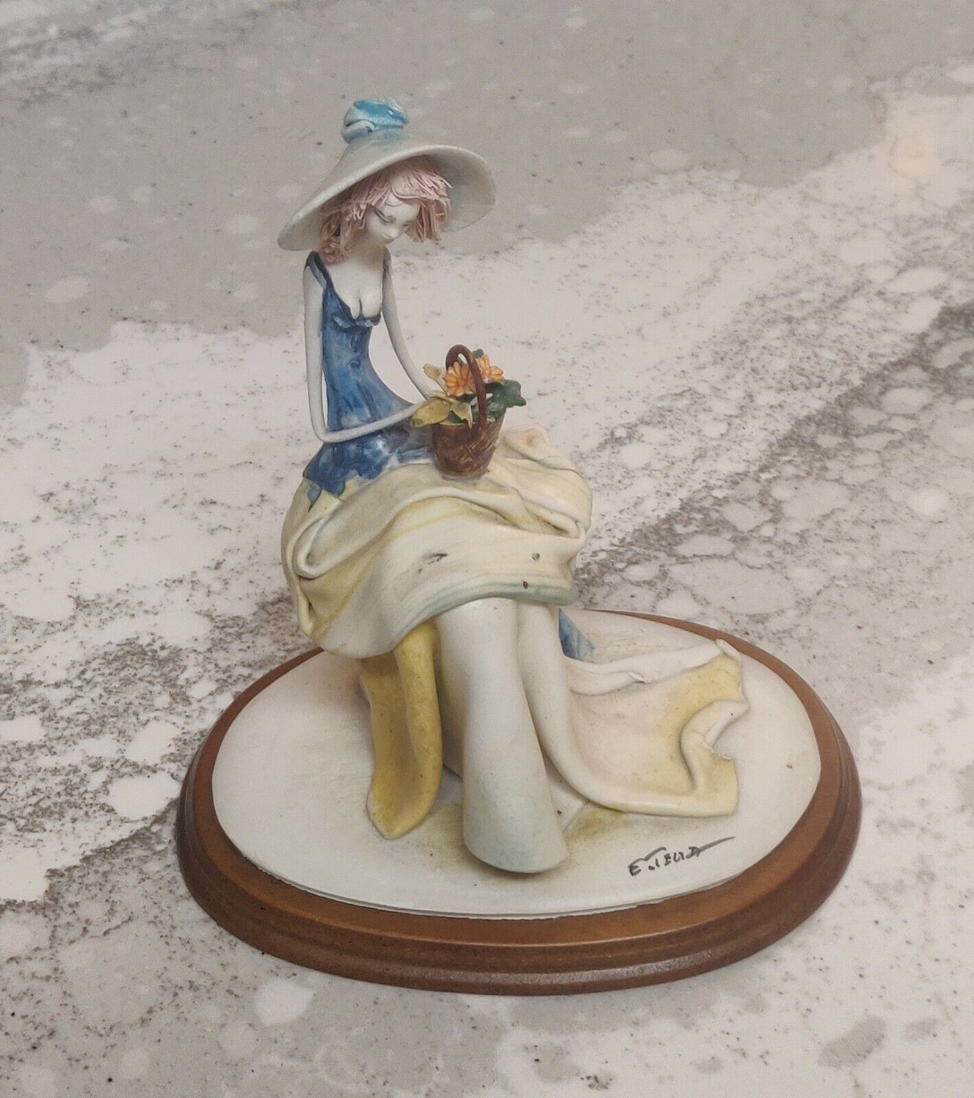 E. Tezza Porcelain Figurine Woman in Hat Sitting w/ Basket of Flowers #139 Italy