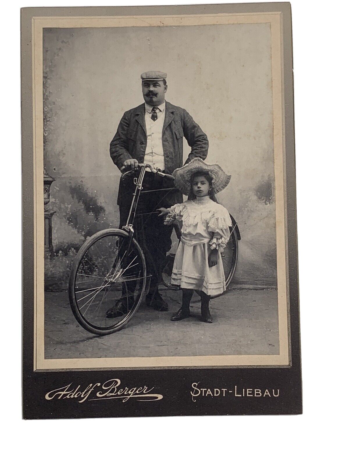 Antique Cabinet Photo Man Standing Next To Bicycle With Little Girl Big Hat