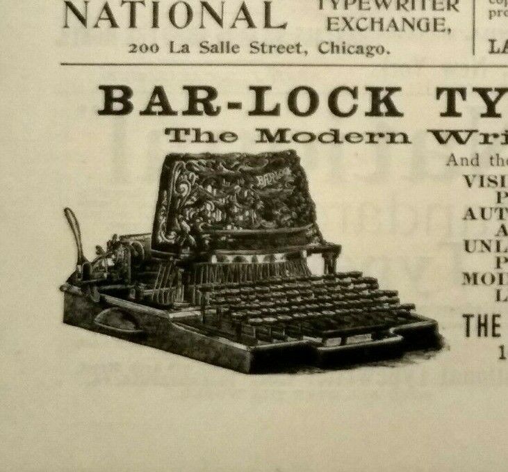 1893 BAR-LOCK Antique Typewriter Columbia Typewriter Mfg Co NYC Vtg Print Ad