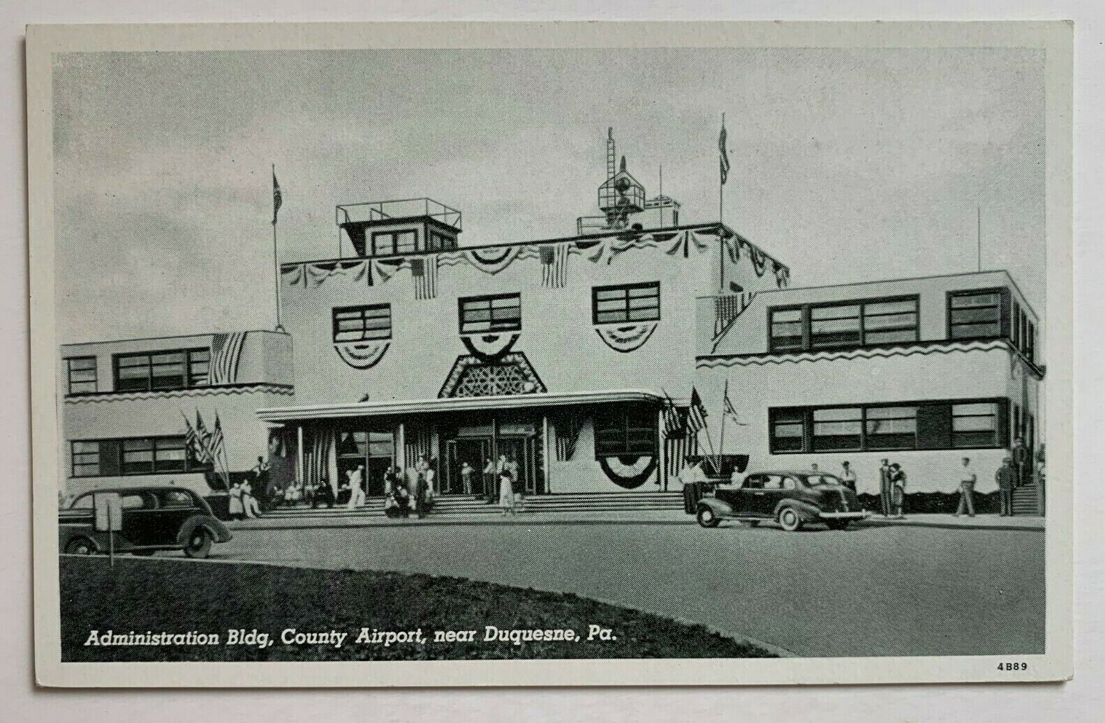 ca 1944 PA Postcard Duquesne Pennsylvania Airport Admin Building autos vintage