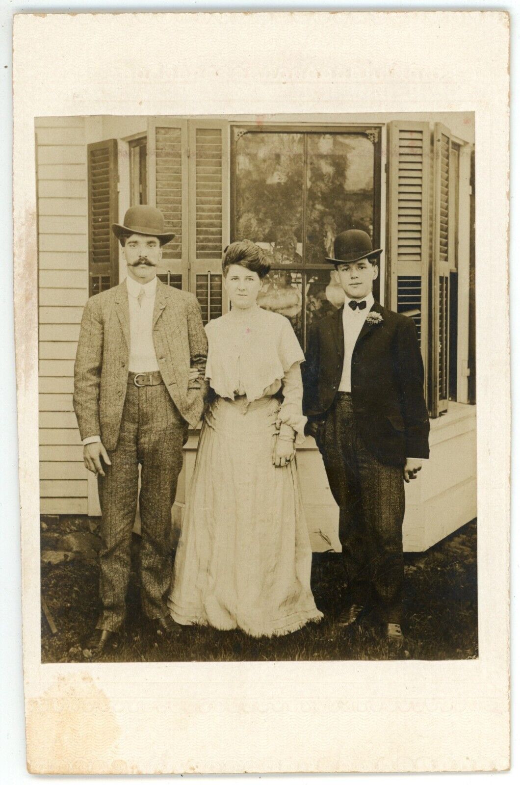 Antique Circa 1890s Cabinet Card Two Dapper Men Hats Mustache Woman in Dress