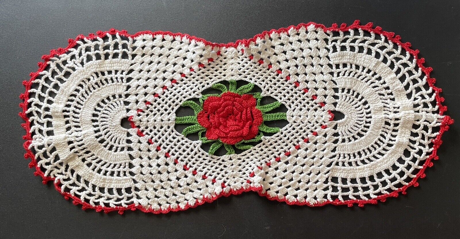 Vintage Handmade Crochet 19.5” Red Rose Flower Doily Table Decor Centerpiece