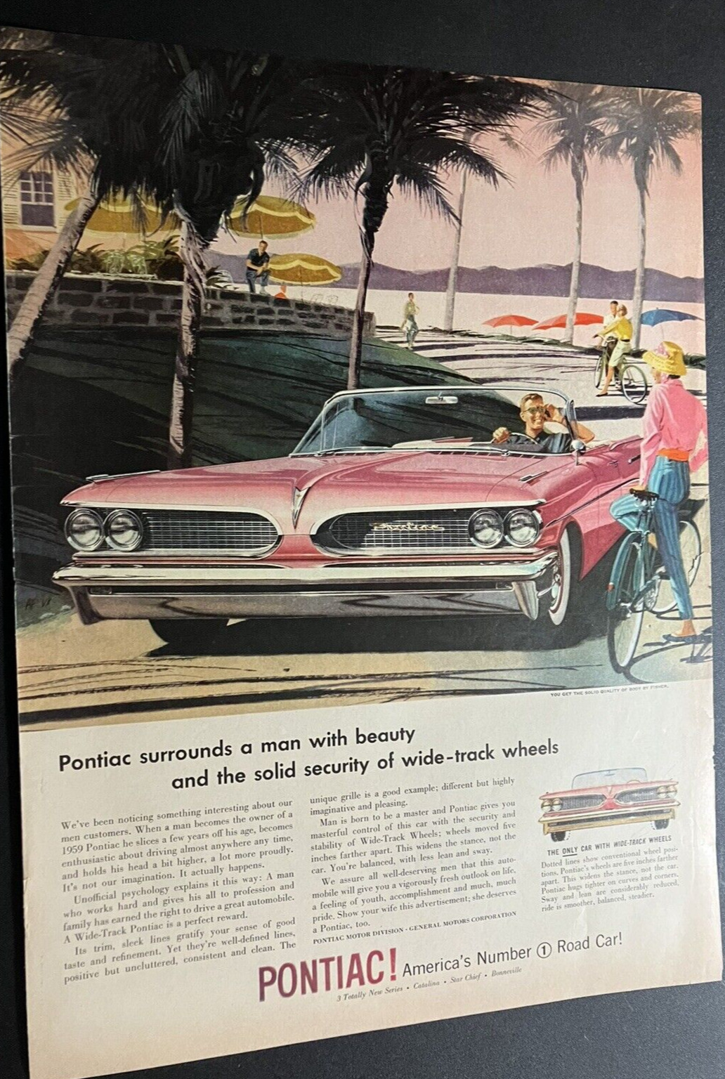 Pink 1959 Pontiac Bonneville - Vintage Original Illustrated Print Ad Wall Art
