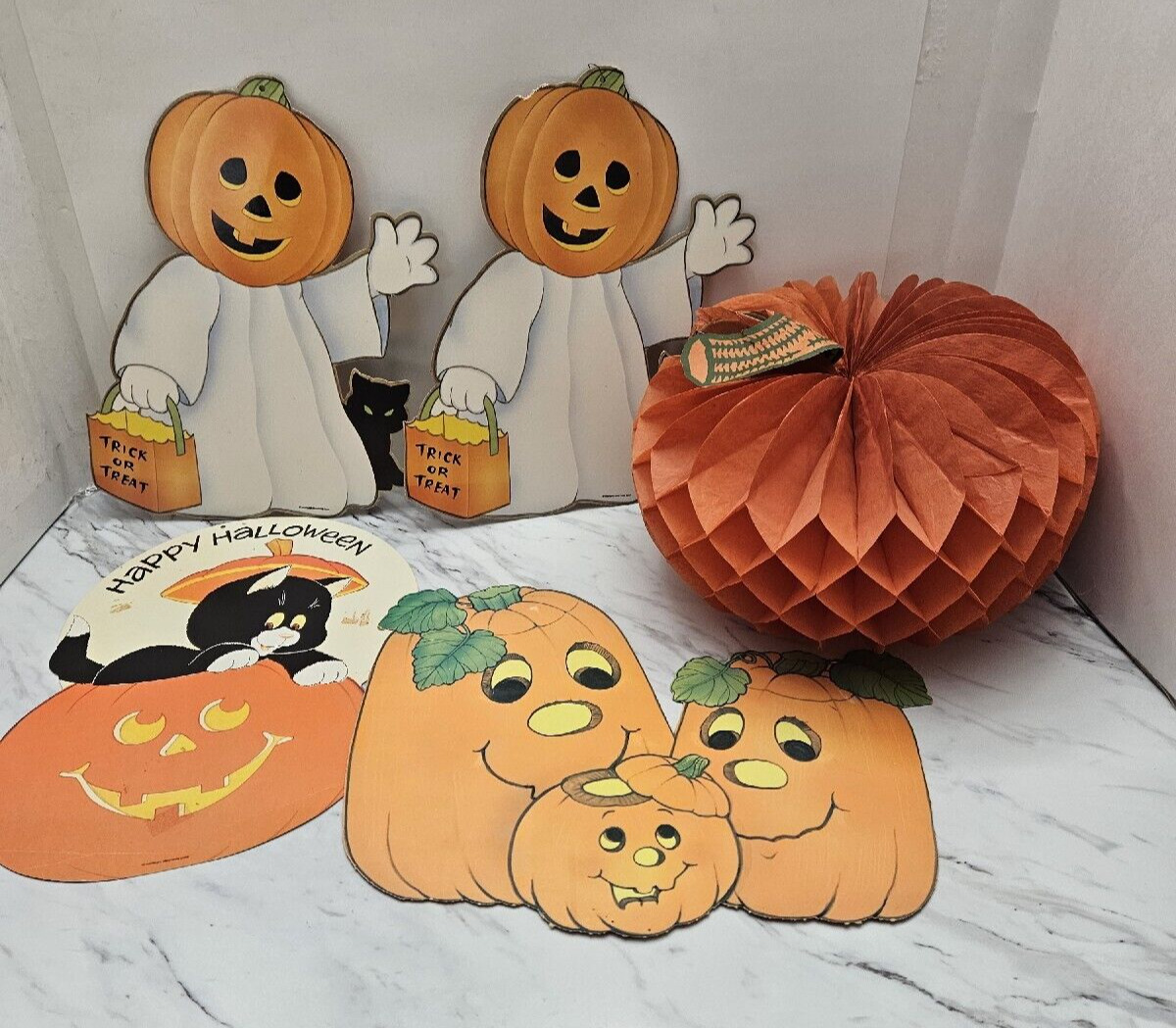 Lot of 5 Vintage Die Cut Happy Halloween Decorations Ghost Pumpkin Trick Treat