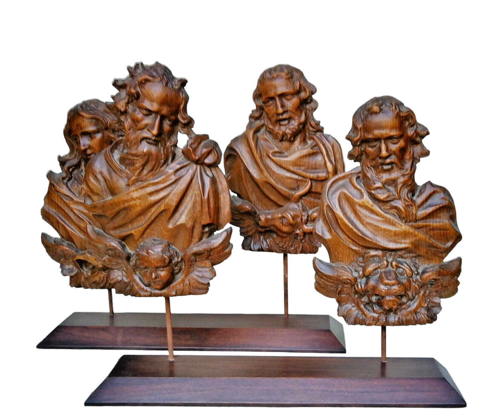 Antique 18thc Flemish Wood carved 4 evangelists sculpture statue on base rare