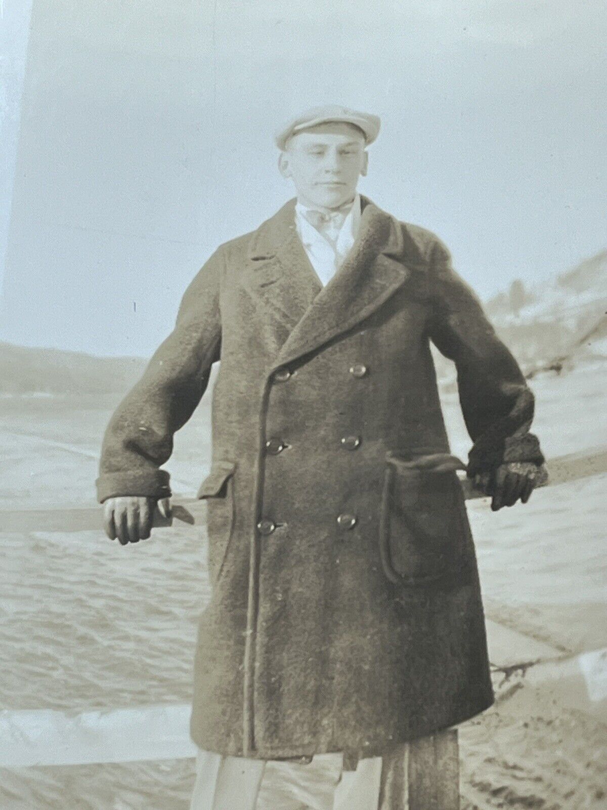 Antique Photograph Man wearing Huge Coat on a Boat Circa 1920s P1