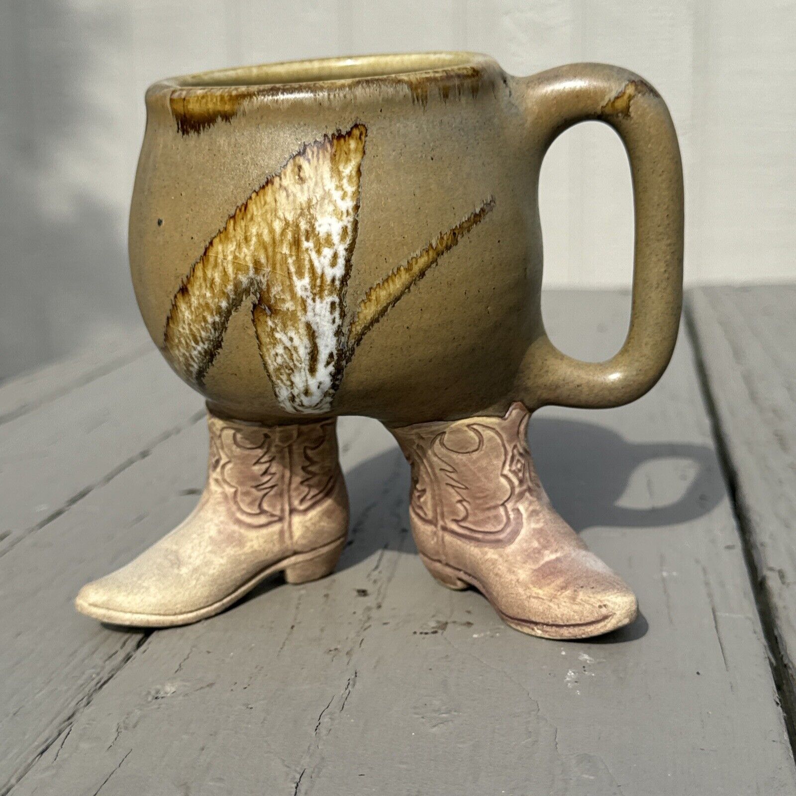 Vintage Tuscan Footwear Cowboy Boots Ceramic Mug 1980 Glazed Brown Five Bridges