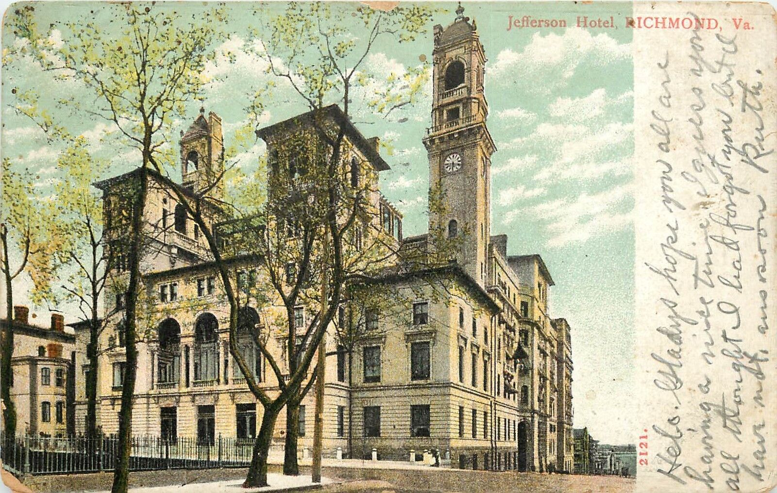 c1907 Printed Postcard; Jefferson Hotel, Richmond Virginia VA, Posted