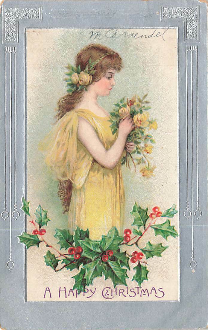 c1905  Young Woman Carrying Roses Art Nouveau Christmas P160