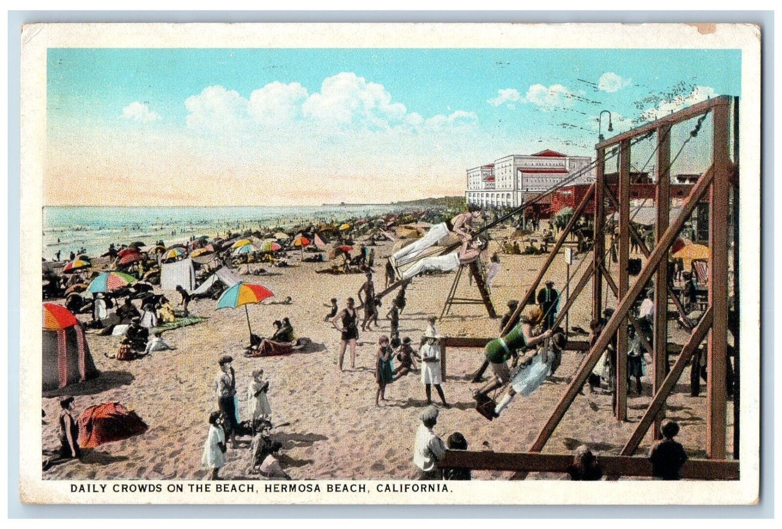 Hermosa California CA Postcard Daily Crowds Beach Exterior c1934 Vintage Antique