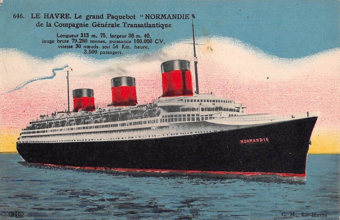 SS NORMANDIE AT SEA ~ C. G. T. SHIP LINE, ARTIST IMAGE ~ used France 1930s