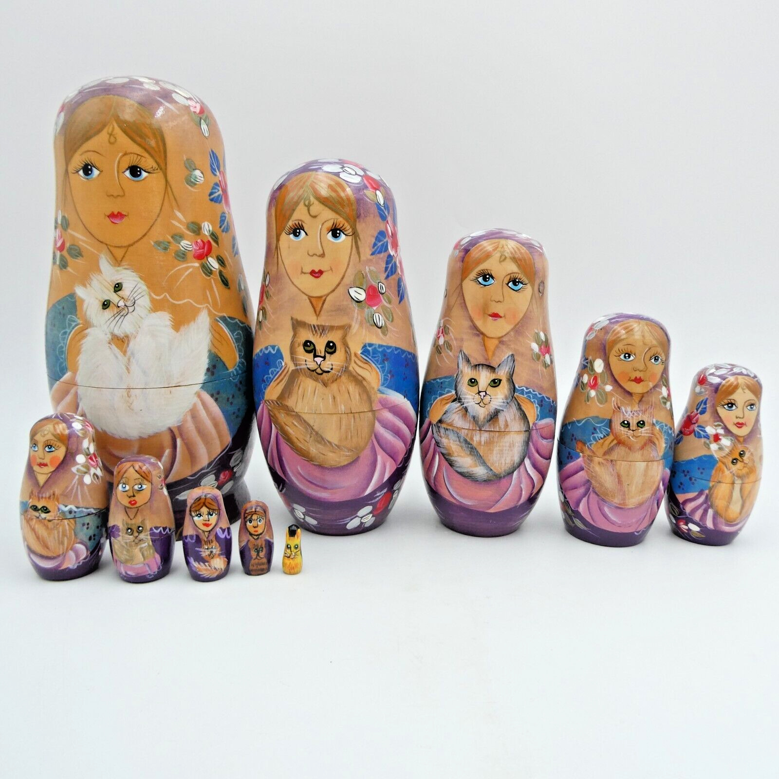 Russian Matryoshka Nesting Dolls Girls & Cats Set of 10 Hand Painted 8 inch