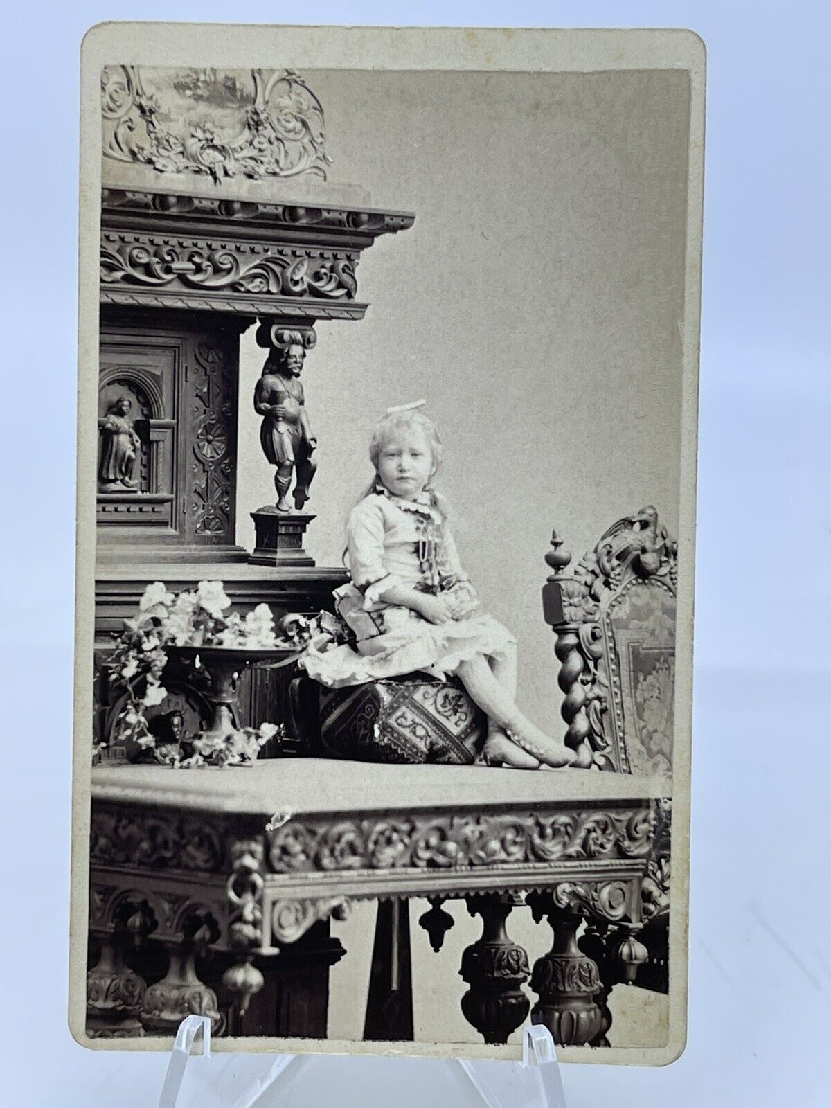 CDV Little People 1880s Midget Photo Rococo Furniture Girl RARE NYC BOGARDUS
