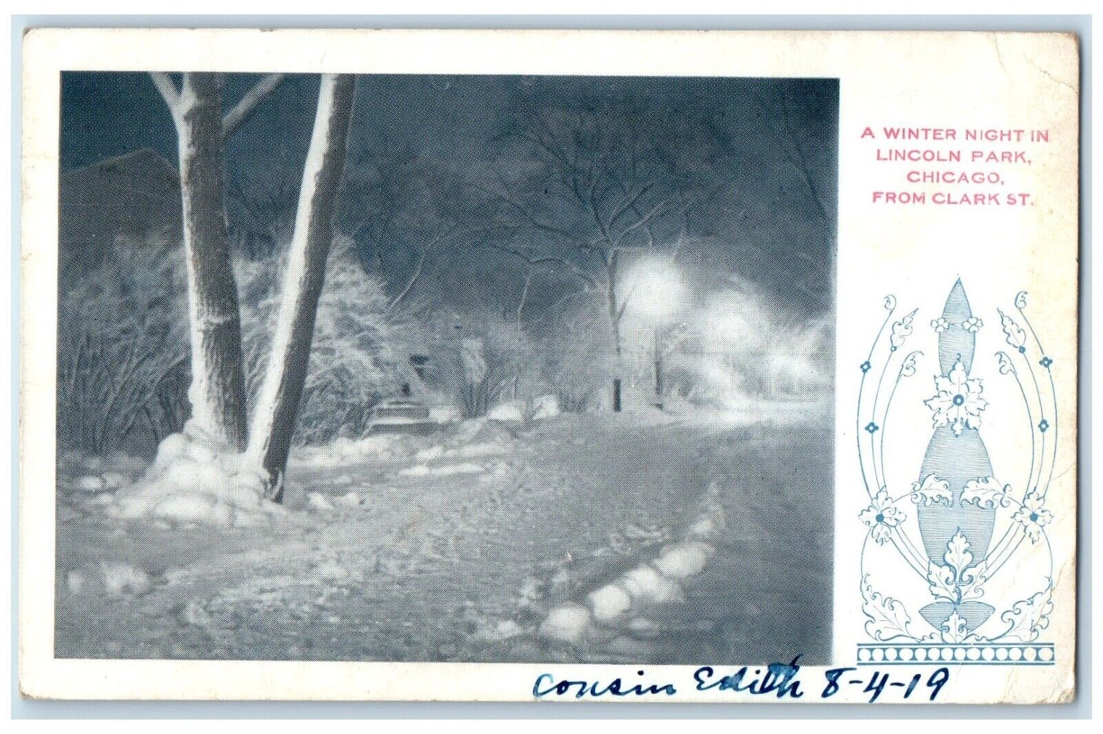 1919 Winter Night Lincoln Park Chicago Clark Street Chicago Illinois IL Postcard