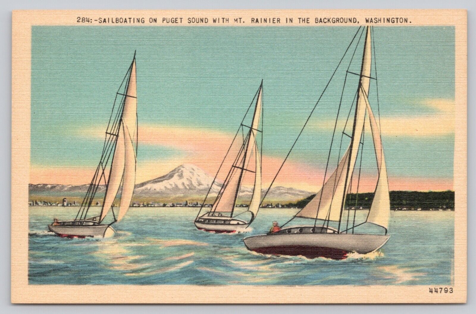 Postcard Washington Sailboating on Puget Sound Mt Rainier in Background