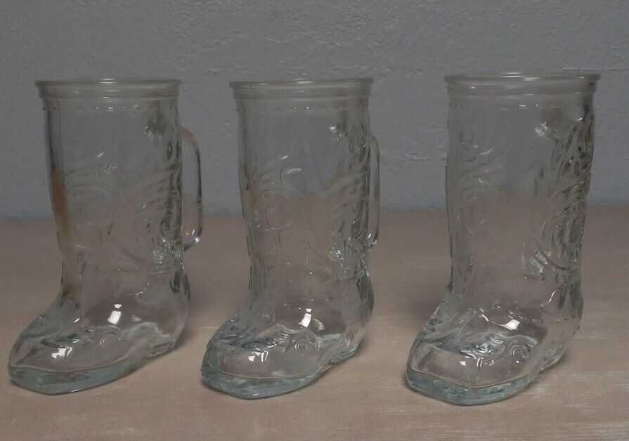 Lot of 3 Clear Glass Cowboy  Boot Drinking Mug 6” 